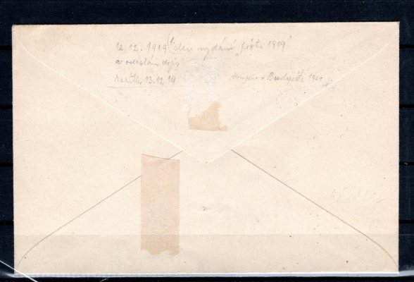 Dopis se známkami z emise Pč 1919 ; fialtelisticky motivovaný a přefrankovaný doporučený dopis se známkami s přetiskem Pošta československá 1919, podací razítka PRAHA 12 s daty 13. II. 1920, adresováno na Františka Šaška