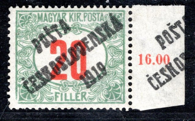 138, typ II, doplatní červená čísla, krajová s kuponem a přetiskem + obtiskem na kuponu, 20 h, zk. Mö, Ma