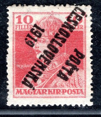 119 Pp, typ II, přetisk převrácený, Karel, červená 10 f, zk. Stu