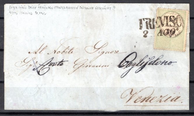 Rakousko,Lombardsko -  skládaný dopis vyfrankovaný kolkem 15 cts, razítko TREVISO 2/AGO.kat 400,- Eu, stopy po vlhkosti, zajímavá celistvost