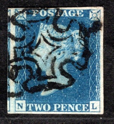 Anglie - SG. 4  (Mi. 2 ) , Viktorie, 2 d modrá,  písmena N-L, razítko černý maltézský kříž, velmi hezký plný střih,  hledané