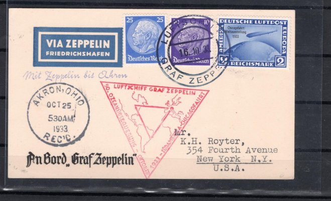 Zeppelin ; 1933, Chicagofahrt, karta frankovaná známkou 2RM (Mi 497) + Mi 471-2, palubní razítko 16. 10. 33, červený kašet, příchozí razítko AKRON s datem 25. 10. 33, hezká kvalita

