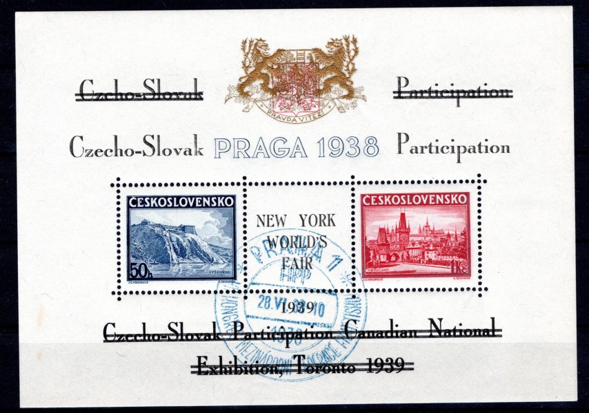 AS 10 e, aršík Praga 38 s černým přeškrtnutým  textem Toronto 1939 a zlatým znakem, modré kulaté příležitostné razítko, hledané