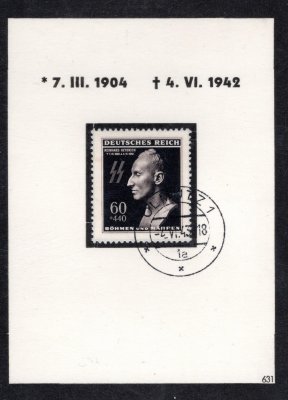 1943 1. výročí úmrtí Heydricha - malý pamětní list  černým potiskem na nažloutlém kartonu s černým orámováním a vylepenou smuteční zn. Pof.111, DR OLMÜTZ 1,  4.VI.43, s číslem 631