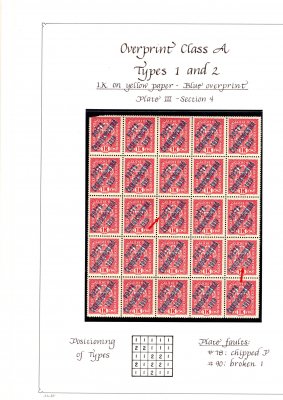 47 ; 1 koruna červená  na albovém listu s popsanými deskovými vadami, pravý dolní  25 - ti blok , poškozený růžek a povolena perforace u jedné známky 