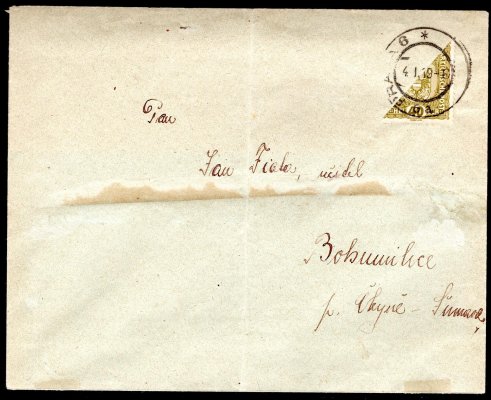 Dopis vyplacený předběžnou 194 ; 40 h Znak - půlená - správné porto ( 20 h ) razítko Praha 6 4.I.19 - stopy po přilepení 