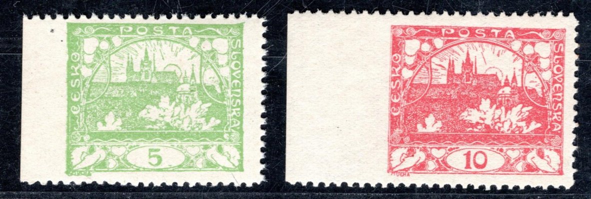 3 D a 5 D ; 5 h zelená a 10 h červená - krajové kusy s vynechanou perforací 