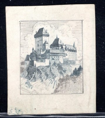 29 ZT, tisk na kousku papíru, vrchol skály s hradem - otisk rytiny, pozadí dokresleno B. Heinzem tužkou, zcela mimořádný doklad postupu výroby známky