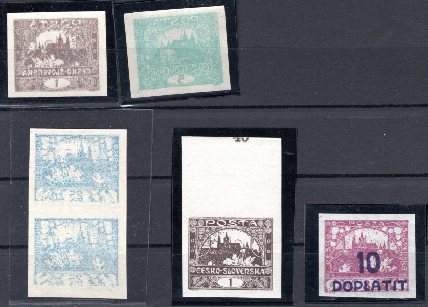 sestava hradčanských známek, 3 x obtisk, tenký papír u DL 15 + 2 VZ - obyčejný papír, fialová 3 h, 1 h - část počítadla na horním okraji