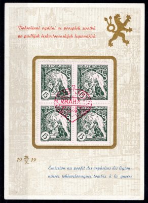 27 B ; 15 h zelená ; 4 - blok na oficiální kartičce, červený nátisk 