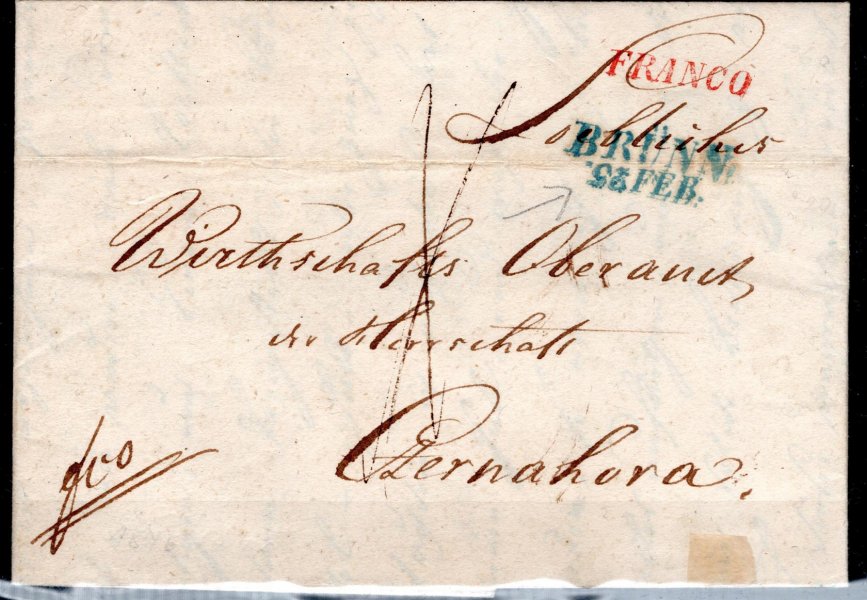 Skládaný dopis z roku 1846, modré razítko BRUNN- 25.FEP ( převrácené 25) - plus červené FRANCO