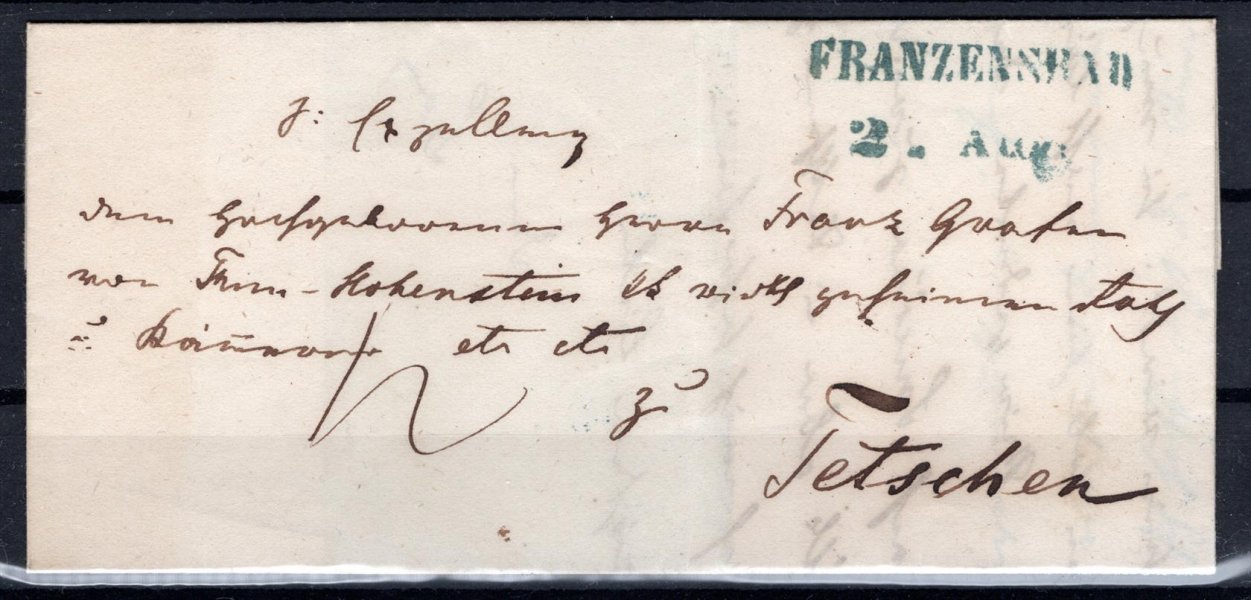 Skládaný dopis z roku cca 1848, modré razítko FRANZENSBAD 21.AUG - příchozí modré TETSCHEN A/D ELBE 23. August 