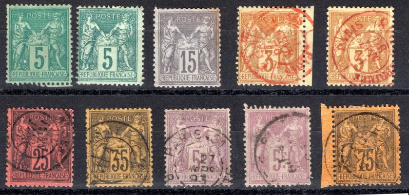 1876 - 1886 ; sestava použitých a nepoužitých známek - Michel 59 II ( 2 x) , 61 II, 70 ( 2 x) 74, 75, 76, 82, 10 y. Alegorie mj. vzdálené 15 C šedá nepoužitá, 2 x 5 FR - krajový kus - červené razítko- pěkná sestava, kat.cena 1120 euro 