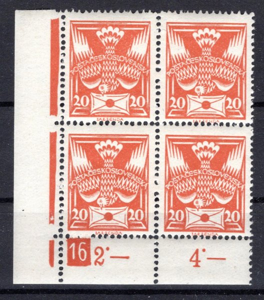 148, rohový 4 blok, oranžová 20 h s DČ 16, rok 1928