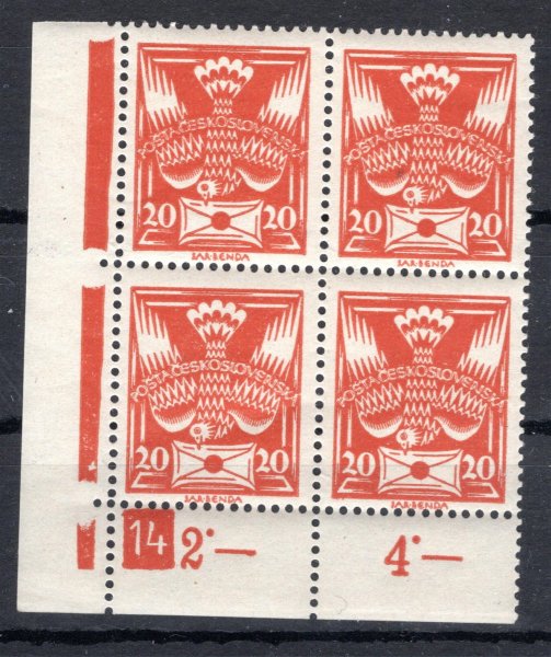 148, rohový 4 blok, oranžová 20 h s DČ 14, rok 1928