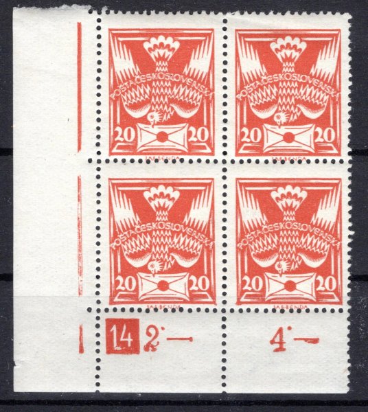 148, rohový 4 blok, oranžová 20 h s DČ 14, rok 1927