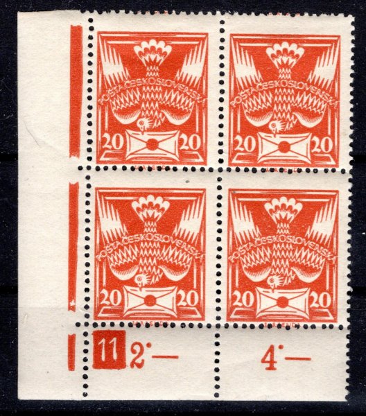 148, rohový 4 blok, oranžová 20 h s DČ 11, rok 1928