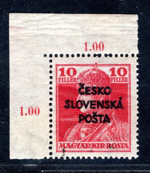 RV 146, Šrobárův přetisk, Karel, rohová s počítadly, červená 10 f, zk. Vr
