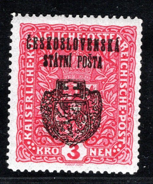 RV 38,  II. Pražský přetisk, znak, 3 Koruna úzká -  červená 3 K, zk. Tri, Vr