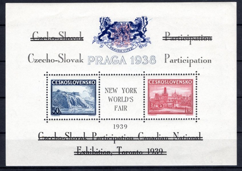AS 10 d, aršík Praga 38 s černým přeškrtnutým  textem Toronto 1939 a modrým znakem, hledané