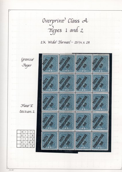 48 IIb, formát široký, papír žilkovaný, 20-ti blok, místy v perforaci lehce povolený, znak, modrá 2 K, ve větších celcích hledané, spojené typy přetisků