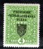 RV 18,  I. Pražský přetisk,  znak, zelená 4 K, zk. Vrba - formát úzký - lehká stopa po nálepce 