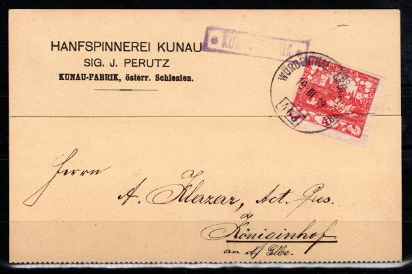Firemní lístek vypl. 10 h červená, lepší raz. vlakové pošty WÜRBENTHAL – ERBERSDORF / 463, 19. 3. 19, Votoček 36 bodů, a fialové rámečkové raz. poštovny KUNAU-FABRIK. 