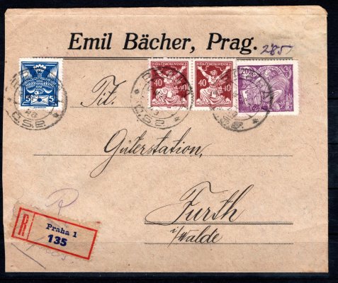 Firemní doporučený dopis do Německa vypl. Pof. č. 143 + 2x 154 + 165, raz. PRAHA 1, 12. 4. 21, smíšená frankatura 3 emisí.