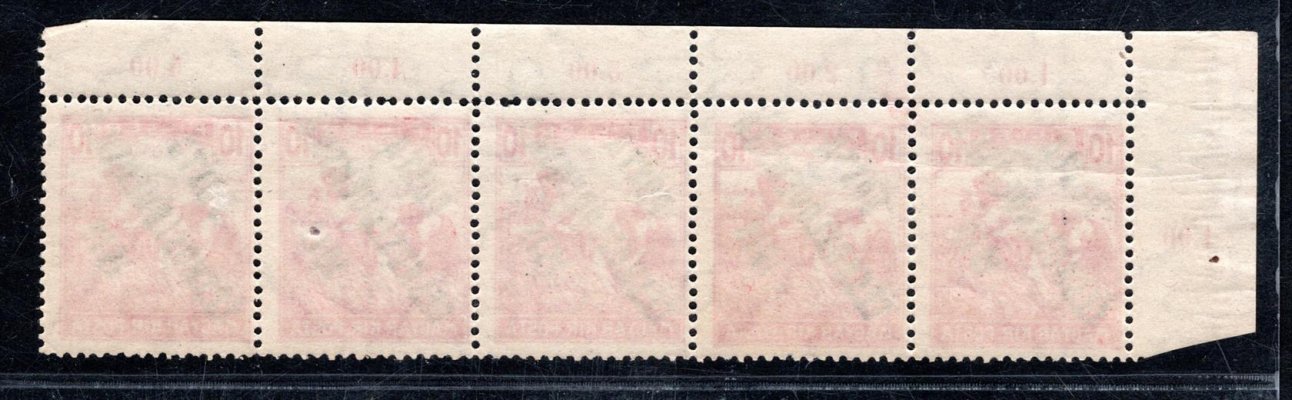 105, ženci, levá horní rohová 5-ti páska s počítadly, červená 10 f, spojené typy přetisků