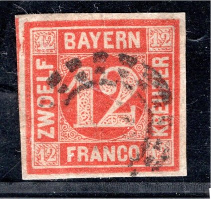 Bayern - Mi. 6, 12 Kr červená, uzavřené Mühlrad razítko, hezký střih