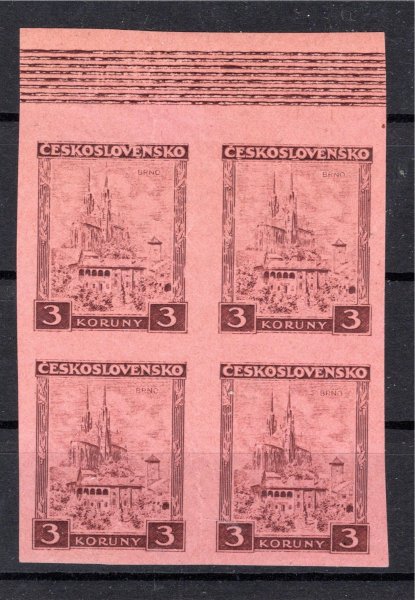254 ZT, papír růžový, krajový 4 blok s bordurou, 3 Kč, zk. Ka