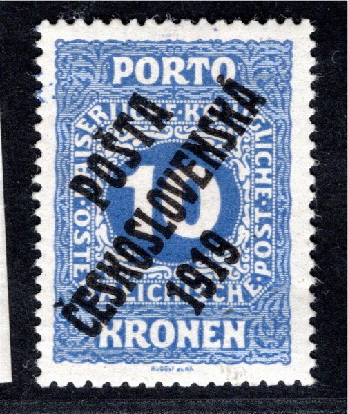82, typ II, doplatní malá čísla, modrá 10 K, známka s původním lepem a opravou, zk. Lešetický, Karásek, Vrba a atest Vrba