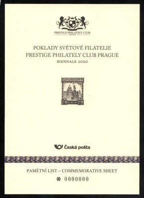 Výsadní Tisk - Pamětní list při příležitosti výstavy  klubu - Prague Prestige Club Philately - Biennale v národním muzeu v roce 2020 - výsadní tisk č- pouze 0000 ! 