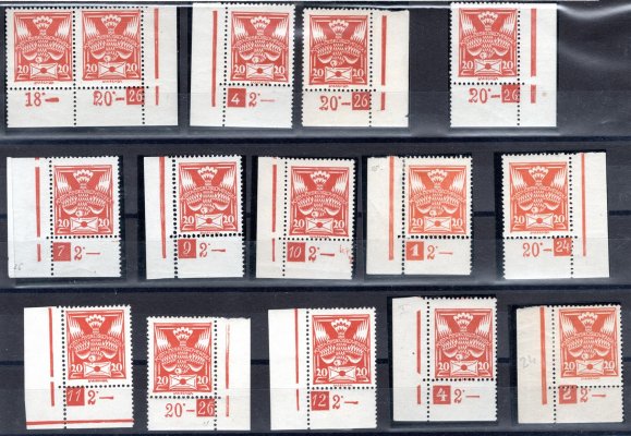 148 A, rohové známky s DČ, rok 1926, oranžová 20 h, hledané, 1 x otisk trámku