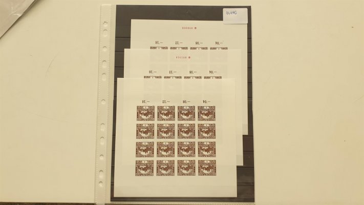 zkusmý tisk; trojice pamětních listů v podobě tisku pro poštovní muzeum, varianta bez čísla s číslem a s nulami, tato reprodukce byla vydána jako číslovaná příloha monografie I. druhého dílu