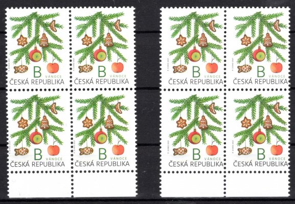 1141 ; Vánoce B (vonící větvička), dva krajové 4 -bloky, 1x posun perforace doleva a 1x posun doprava; neobvyklé a hledané 