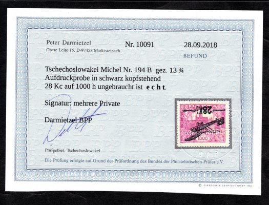 L3 B Pp, letecké, přetisk převrácený, 28/1000 fialová (světlý odstín), signováno Stach, atest Darmietzel