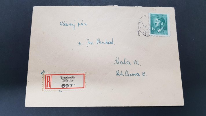 R dopis se známlou A. Hitler 4,20, č. 122, podací razítko pošta Těšín, 13.4.1945 do Prahy, příchozí Praha 14, datum 14.4.1945, zkoušeno Gilbert