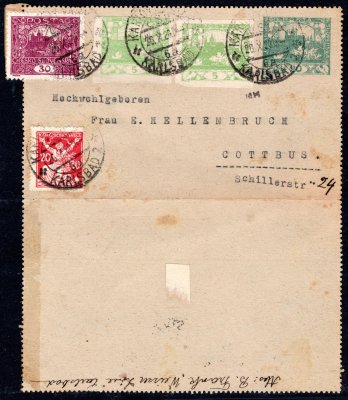 CZL 1, dofrankovaná známkami  emise Hradčany 2 x 5 h zelená,30 h fialová a OR 20 h červená zaslaná do Německa, stopy poštovního provozu, kat 500,-