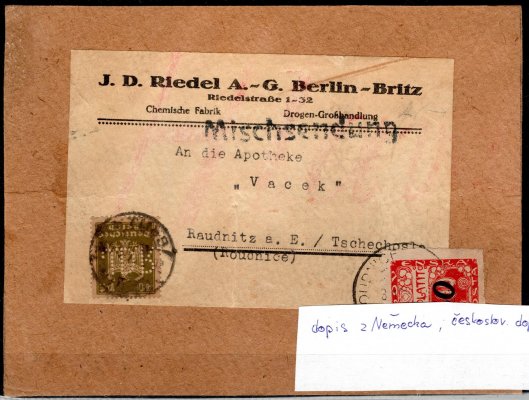 adresní část z balíkové zásilky na kartonovém papíru  z Německa -  Berlin se známkou DR č. 390 
s perfinem !, do Roudnice, zde doplatek známkou DL 36  50/400 červená