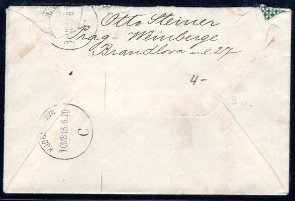 dopis malého formátu z Prahy do Dánska, vyplacený známkou č. 16, modrá 50 h !, vzácná frankatura s příchozím razítkem