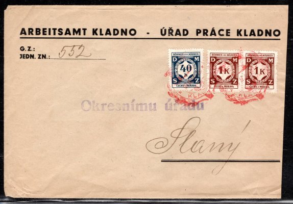 služební obálka vyplacená služebními známkami s červeným razítkem "VIKTORIA" - Kladno, adresovaná do Slaného