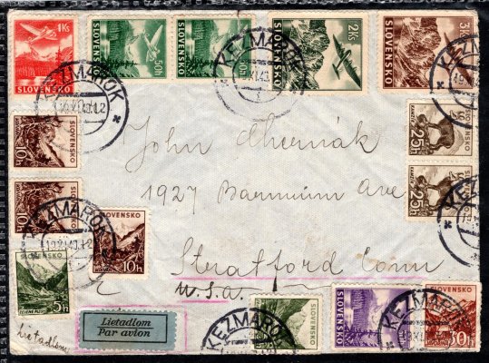 letecký dopis z Kežmarku 19/XI/40 s pestrou frankaturou výplatních a leteckých známek adresovaný do USA