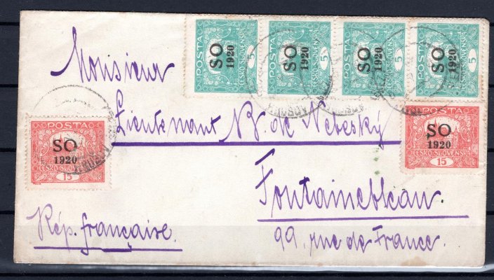 dopis do Francie, vyplacený zn. páska SO 3 B - 5 h modrozelená a 2 x zn. SO 5 A - 15 h cihlově červená, razítko Hrušov, na zadní straně příchozí francouzské razítko + pečetě, velmi zajímavá a ojedinělá celistvost