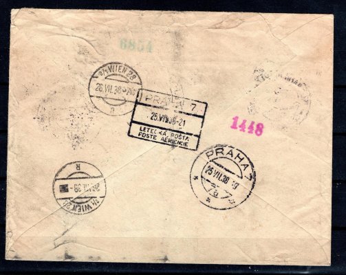 letecký dopis frankovaný pouze dvěma výplatními známkami, podací razítko TELEGRAFNÍ ÚSTŘEDNÍ STANICE PRAHA s datem 25. VII. 1938, příchozí razítko VÍDEŇ s datem 26. VII. 1938 na přední straně, všechny náležitosti, stopy poštovníhi provozu