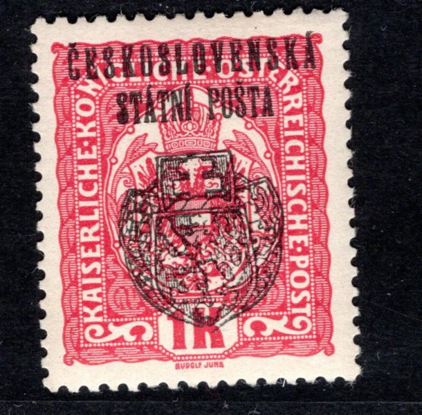 RV 36, II. Pražský přetisk, znak, červená 1 K, zk. Mr