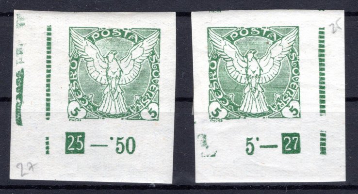 NV 2, novinové, Sokol v letu, rohové s DČ, 25-27 ,zelená 5 h, otisk mezernice na levé straně archu