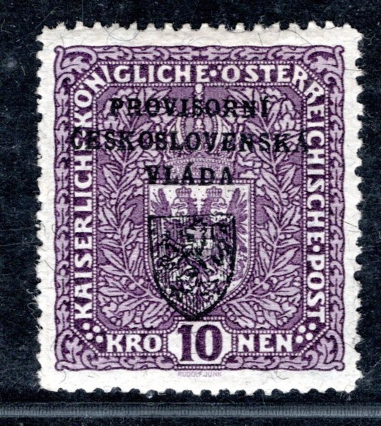 RV 19a, I. Pražský přetisk, znak, papír žilkovaný - formát široký , fialová 10 K, zk. Gi