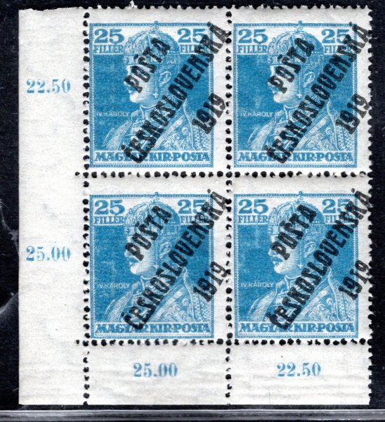 121, rohový 4 blok s počítadly, Karel modrá 25 f,  spojené typy přetisků