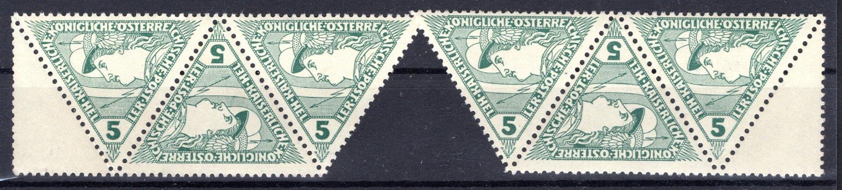 Rakousko - Mi. 218, 2 x třípáska, trojúhelník zelený 5 h, s 1/2 kuponem vlevo + vpravo